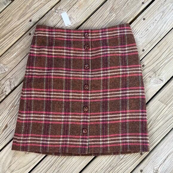 Talbots Brown And Pink Plaid Wool Blend Mini Skirt Size 8. NEW - Picture 1 of 8
